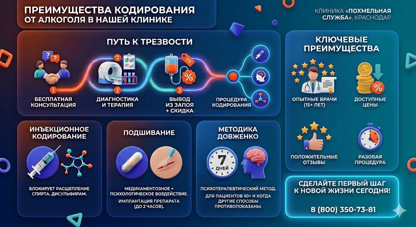Инфографика о методах кодирования от алкоголя в Спасске-Дальнем: инъекции, подшивание, метод Довженко. Преимущества клиники и этапы лечения.